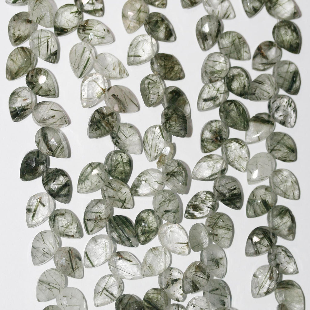 Cuentas facetadas de cuarzo rutilado verde St. de 8" de 10 x 6 mm - Hilo de 20 cm.