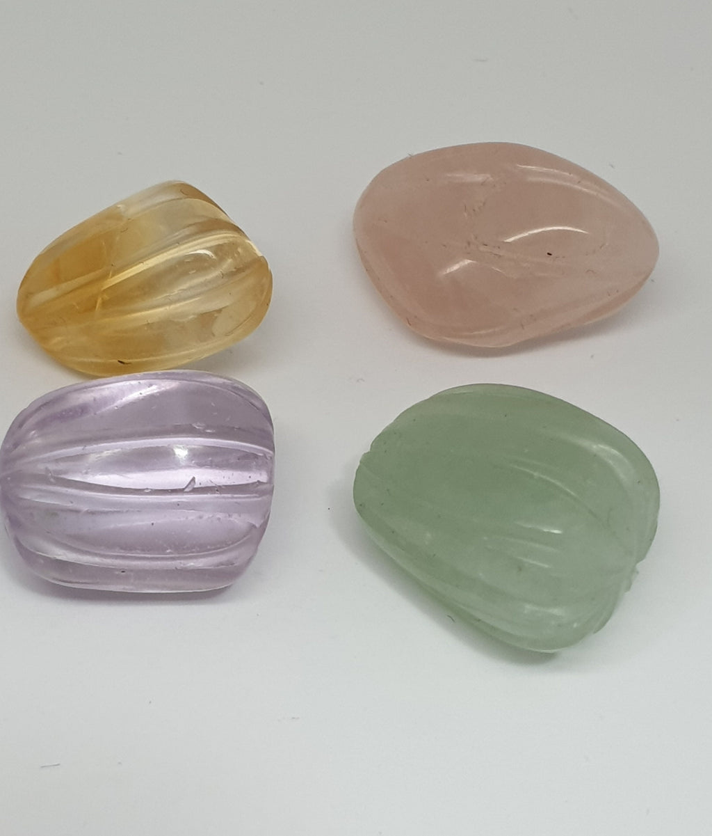 Lote de 4 piezas de citrino tallado único, amatista, cuarzo rosa, piedra de jade nueva, talla única, forma realmente elegante, piedras de diseño