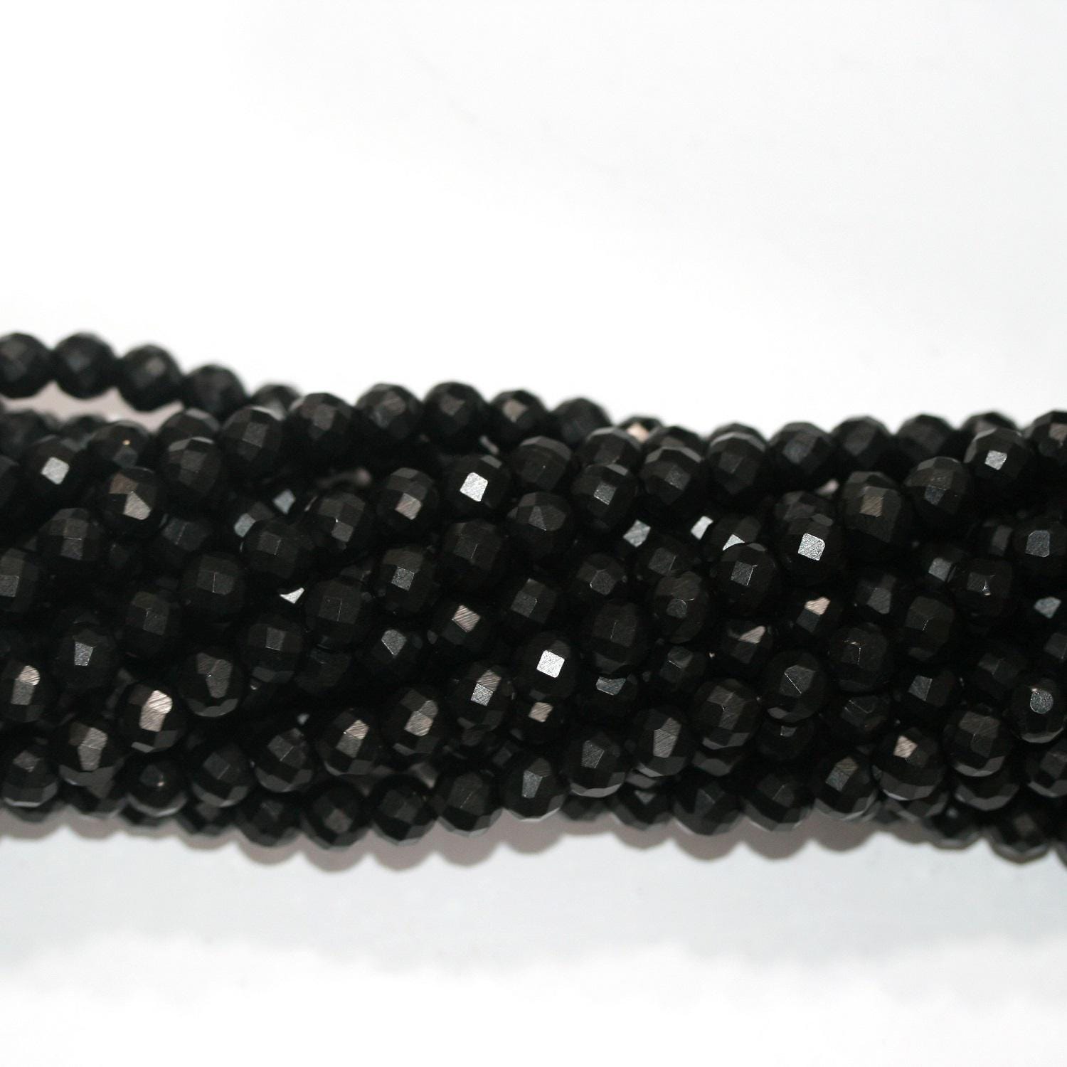 Cuentas redondas facetadas de azabache de 40 cm, 6 mm (16") - Hilo de 40 cm - Artículo 14843