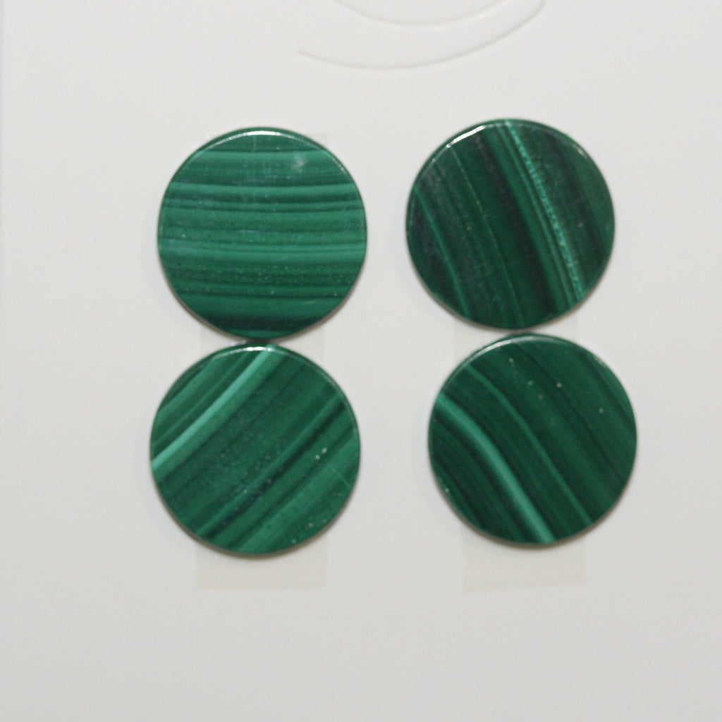 Lote de 4 discos planos redondos de malaquita de 15 mm (4 unidades). Malaquita auténtica natural sin tratar.