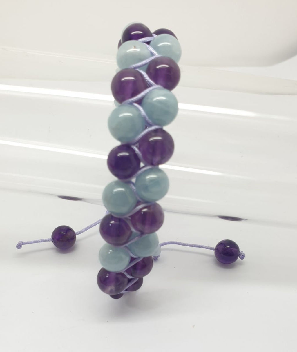 Bracelet en macramé avec aigue-marine AAA et améthyste - Fournisseur de bijoux en perles de pierres précieuses - Pouvoir de guérison - Améthyste et aigue-marine