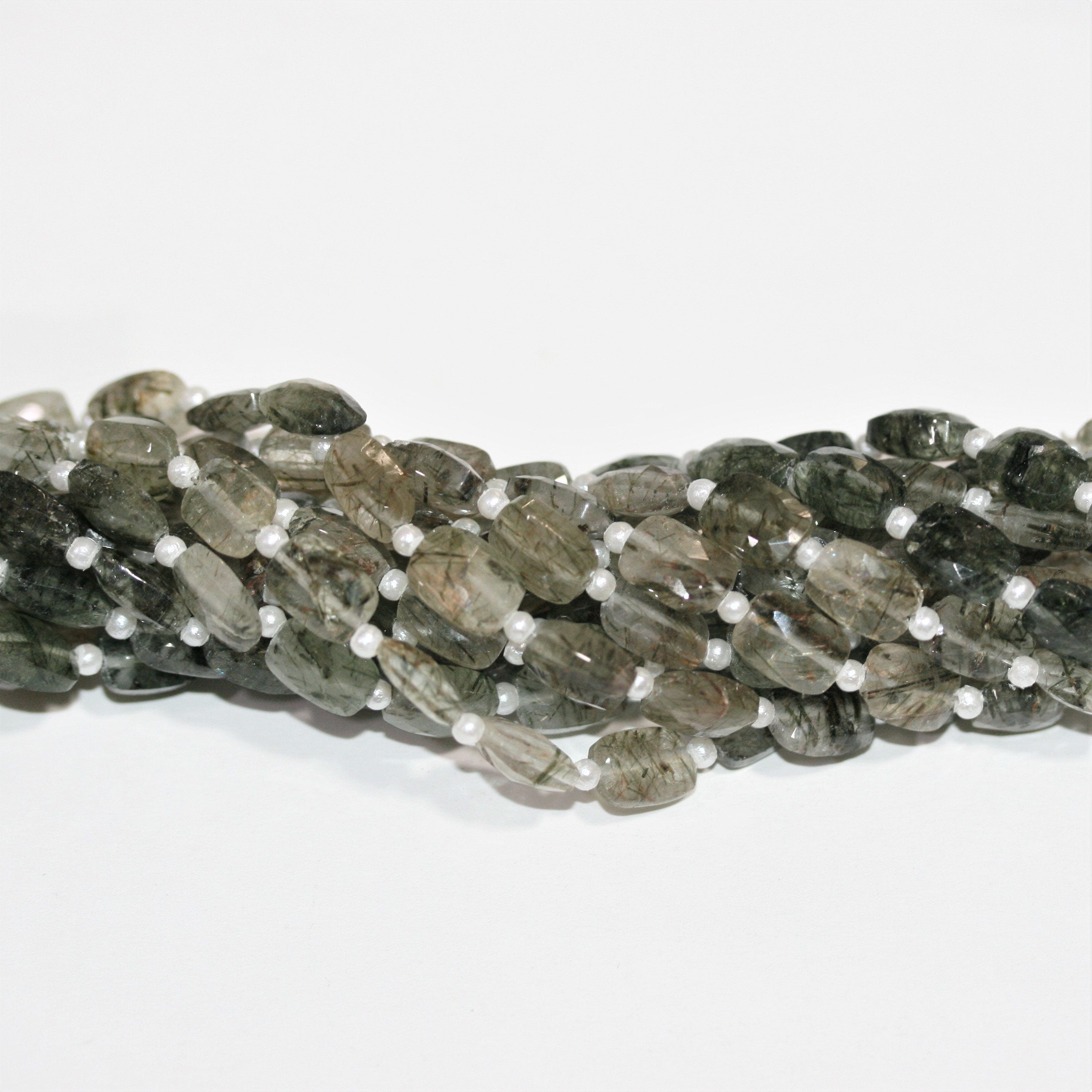 Cuentas rectangulares facetadas de cuarzo turmalinado de 7" de ancho, 9 x 6 mm, hilo de 18 cm.