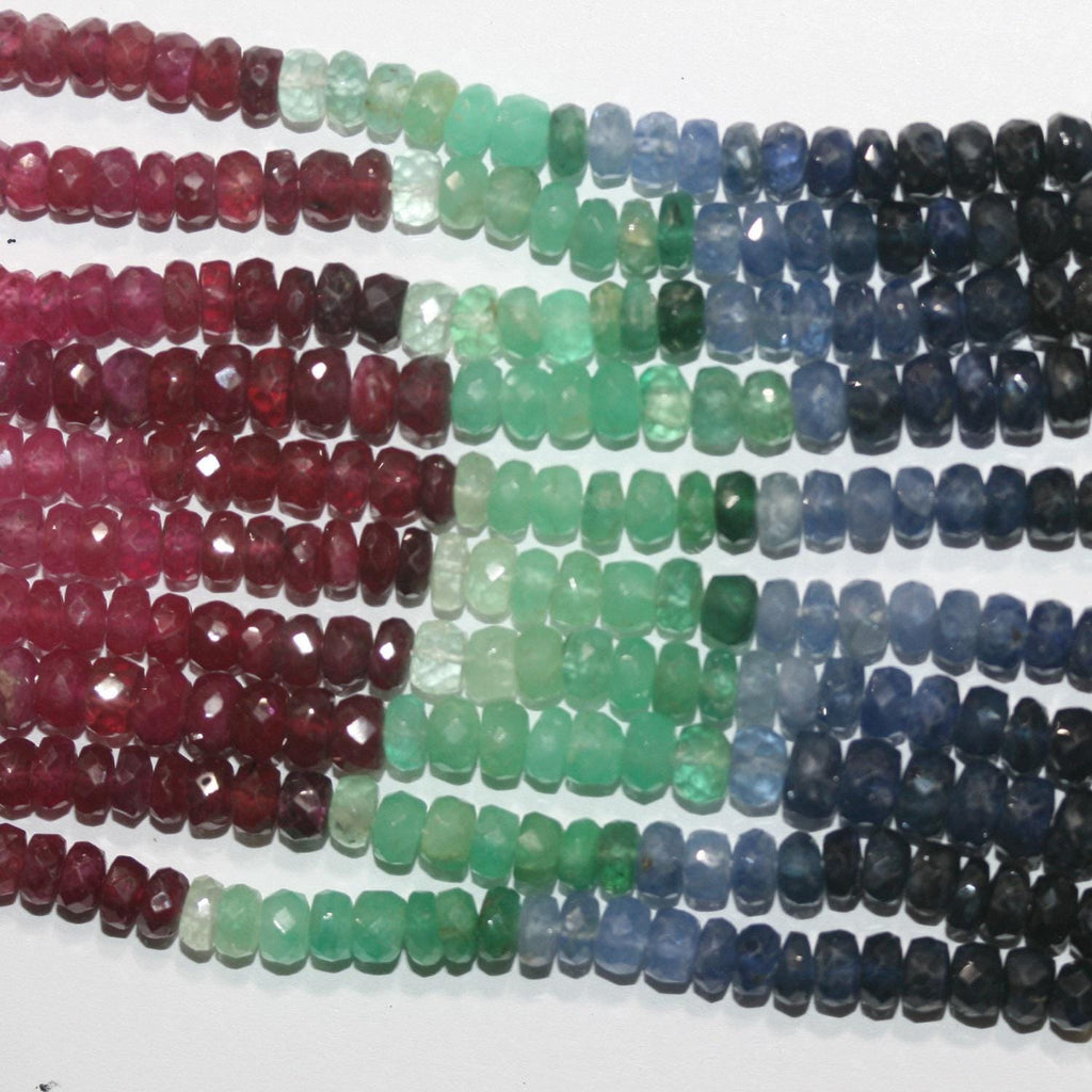 Cuentas redondas facetadas de rubí, zafiro y esmeralda de 40 cm (16"), 4 x 2 mm - Hilo de 40 cm - Artículo 14965