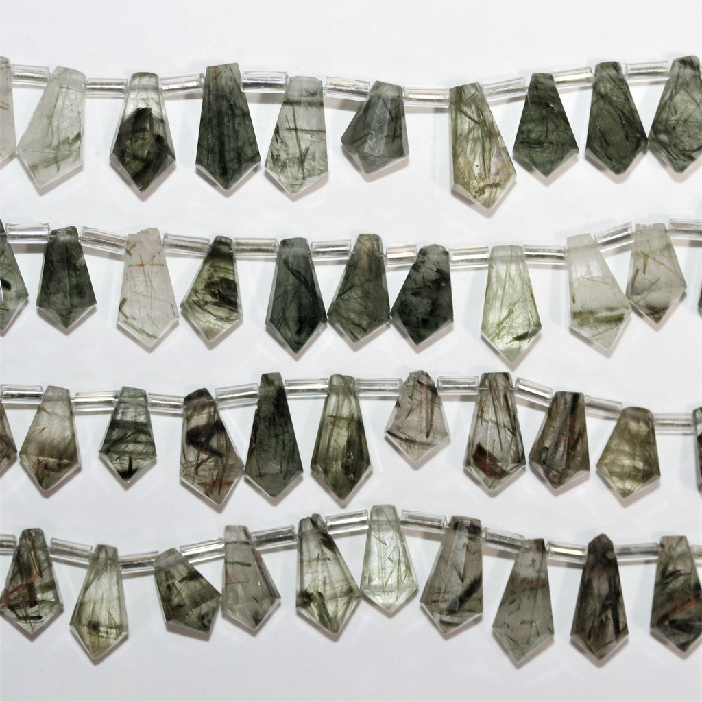 Cuentas facetadas de cuarzo turmalinado de 6" de largo, 13 x 7 mm, hilo de 15 cm.