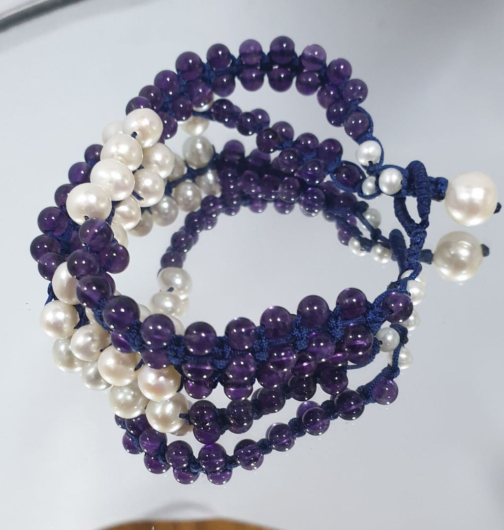 Bracelet en macramé avec améthyste AAA 4 mm et perle d'eau douce 6 mm - Fournisseur de bijoux en perles de pierres précieuses - Pouvoir de guérison - Améthyste - Perle - Lustre exceptionnel