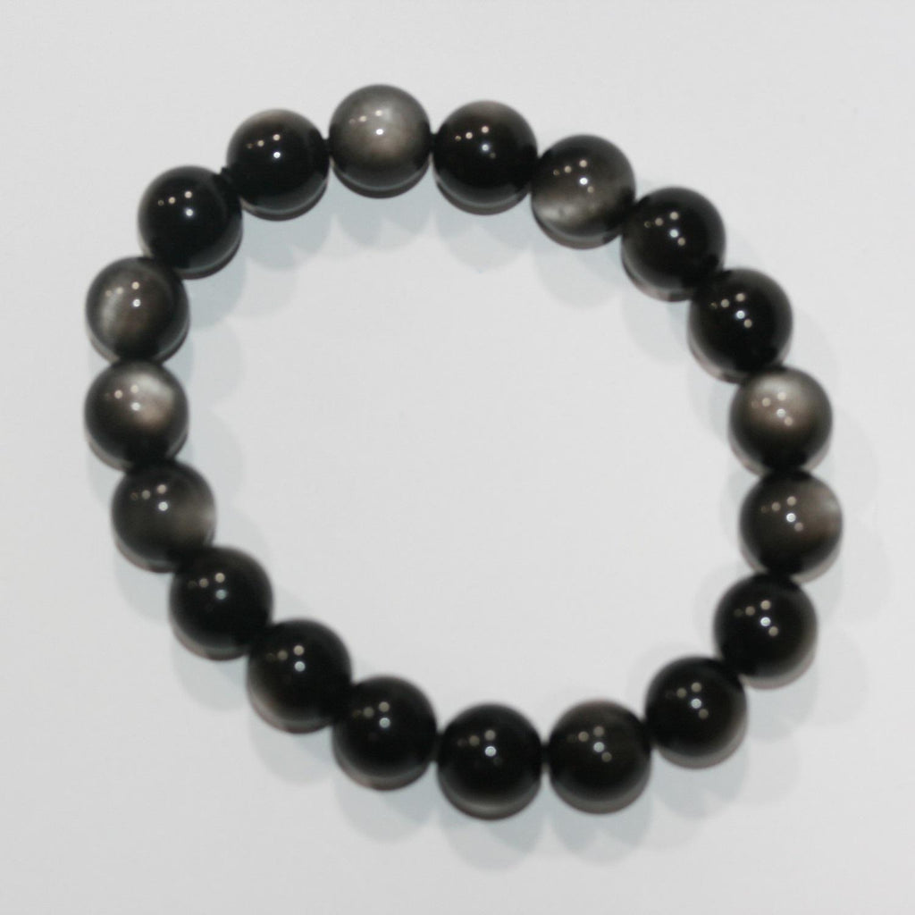 Bracelet en obsidienne argentée, bille lisse 10 mm, réf. 14861 - Pouvoir de guérison