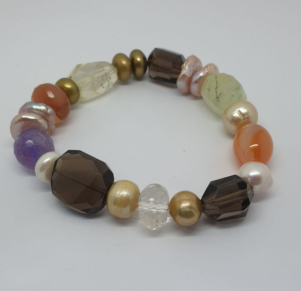 Pulsera elástica de piedras preciosas (16 x 12 mm) - Proveedor de joyas con piedras preciosas - Poder curativo - Amatista, prehnita, cuarzo ahumado y perlas de cristal