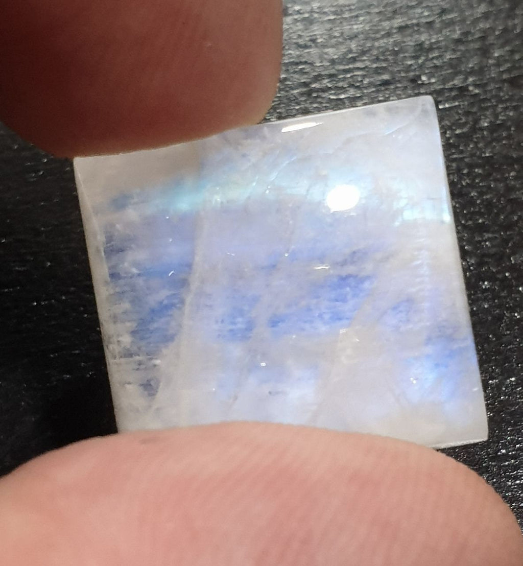 Pierre de lune bleue feu, cabochon carré 19 mm, 33,14 ct, belle adularescence, dos plat