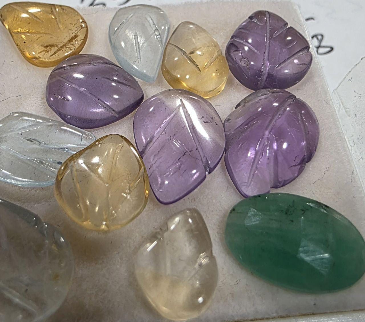 Multi Stone Carved Leaf Cabochon 12 Pcs Lot 9-11mm. - Amethyst, Citrine, Aquamarine, Emerald Cab