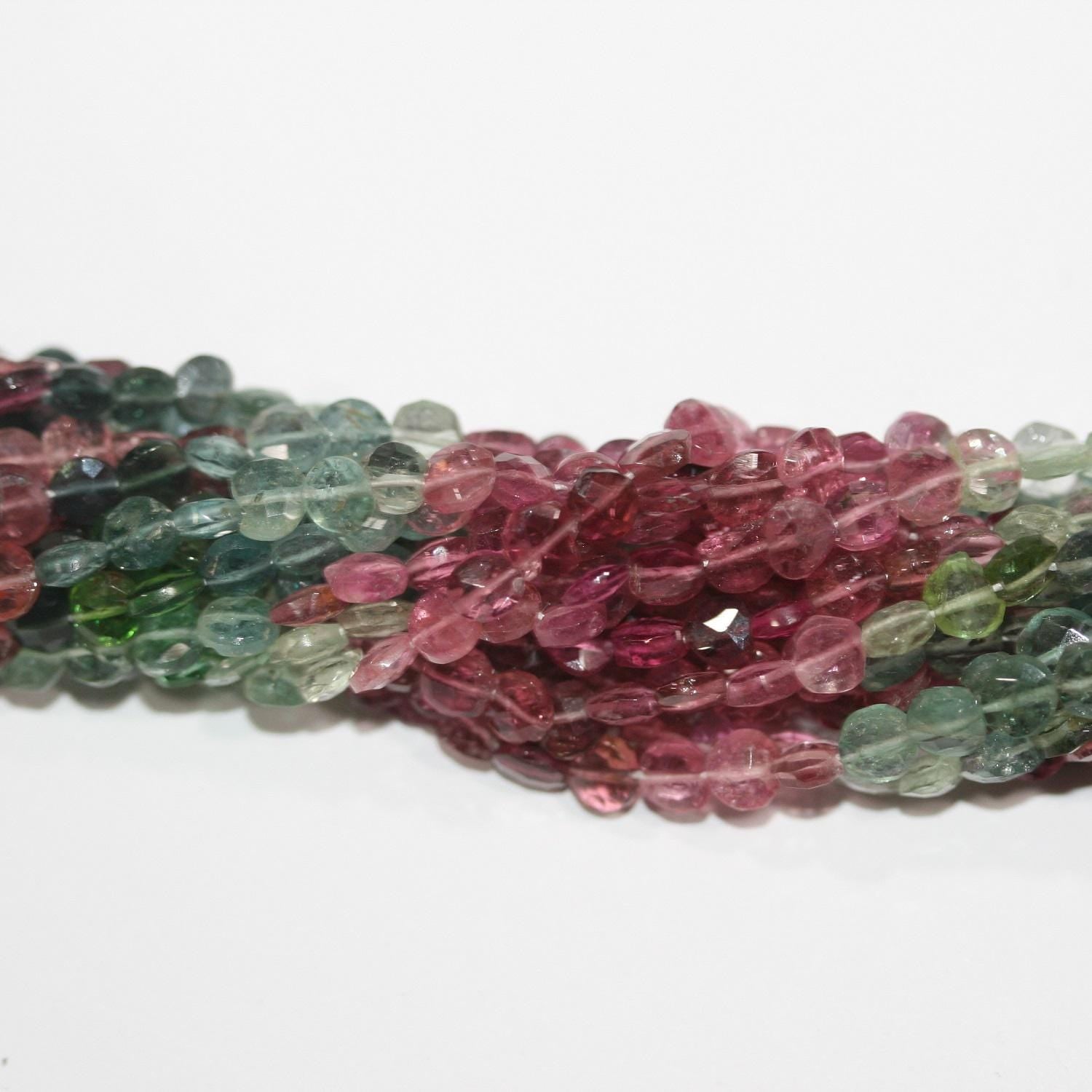 Perles de tourmaline facettées en forme de pièce de 15 pouces, 4 mm environ, longueur du fil : 39 cm.