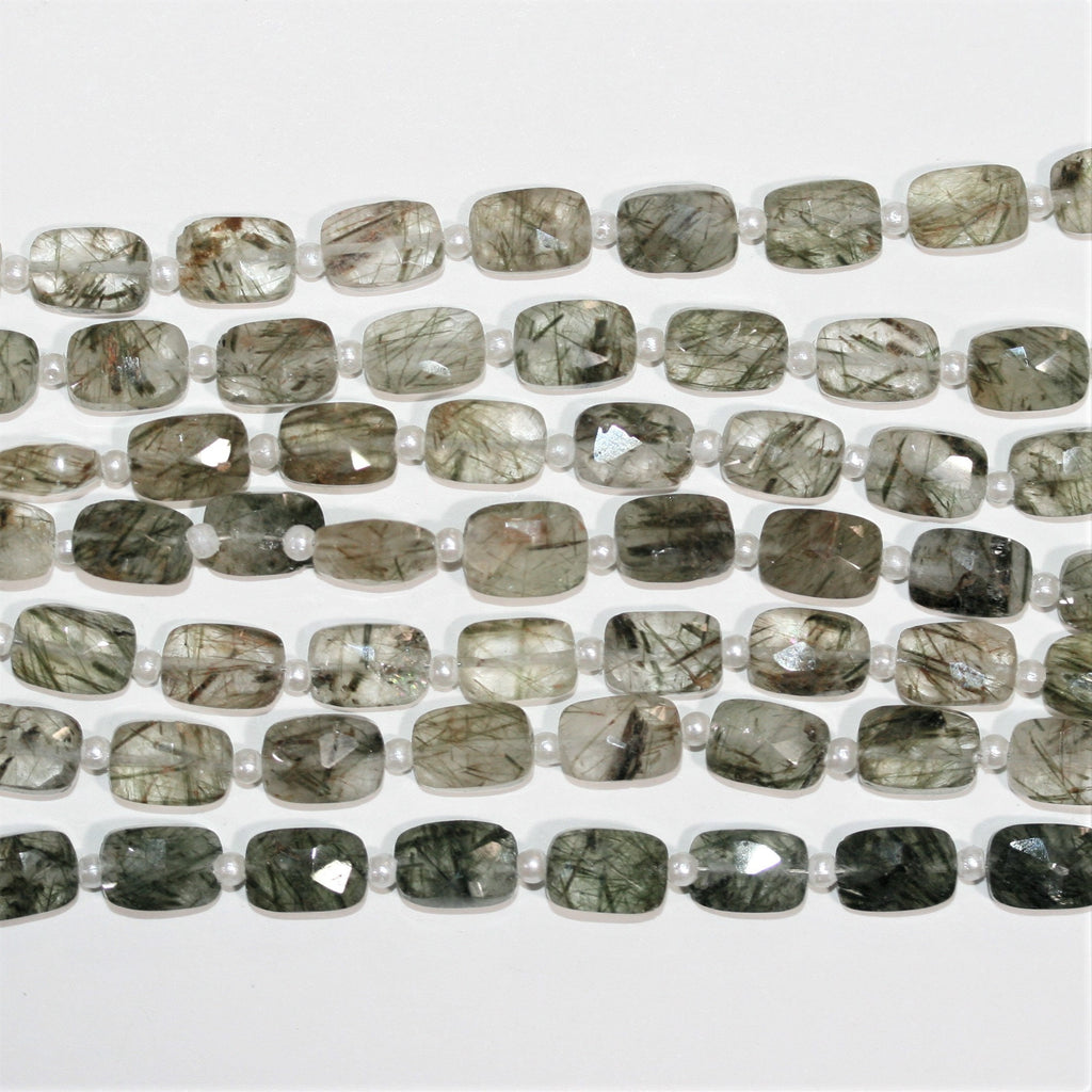 Cuentas rectangulares facetadas de cuarzo turmalinado de 7" de ancho, 9 x 6 mm, hilo de 18 cm.