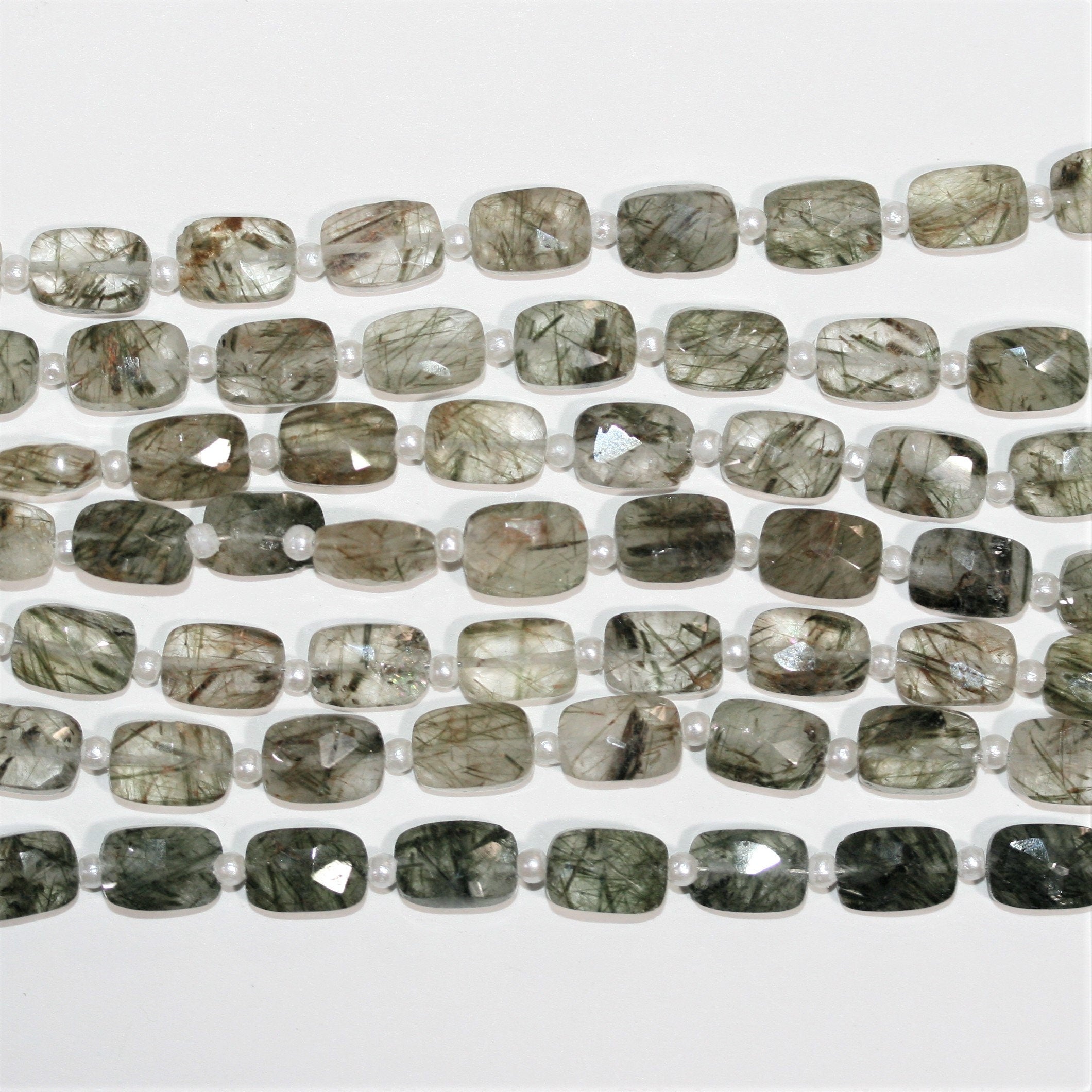 Cuentas rectangulares facetadas de cuarzo turmalinado de 7" de ancho, 9 x 6 mm, hilo de 18 cm.