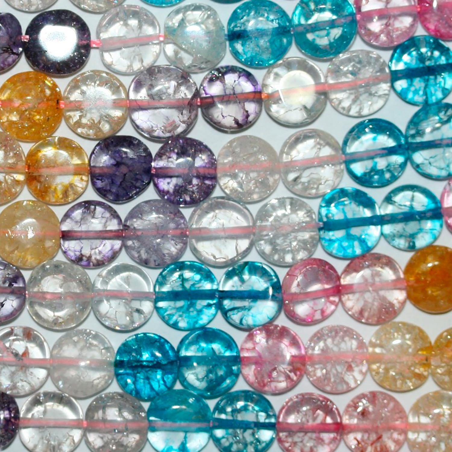 Perles de quartz multicolores lisses et craquelées, 40 cm (16 pouces), 9-10 mm, en forme de pièce. Fil de 40 cm (40 pouces).