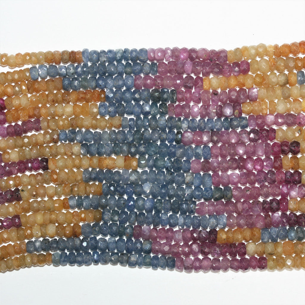 Cuentas redondas facetadas graduadas de rubí y zafiro de 20" de St., de 3 x 2 a 5 x 3 mm. Longitud aproximada: tira de 52 cm.