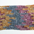 Cuentas redondas facetadas graduadas de rubí y zafiro de 20" de St., de 3 x 2 a 5 x 3 mm. Longitud aproximada: tira de 52 cm.