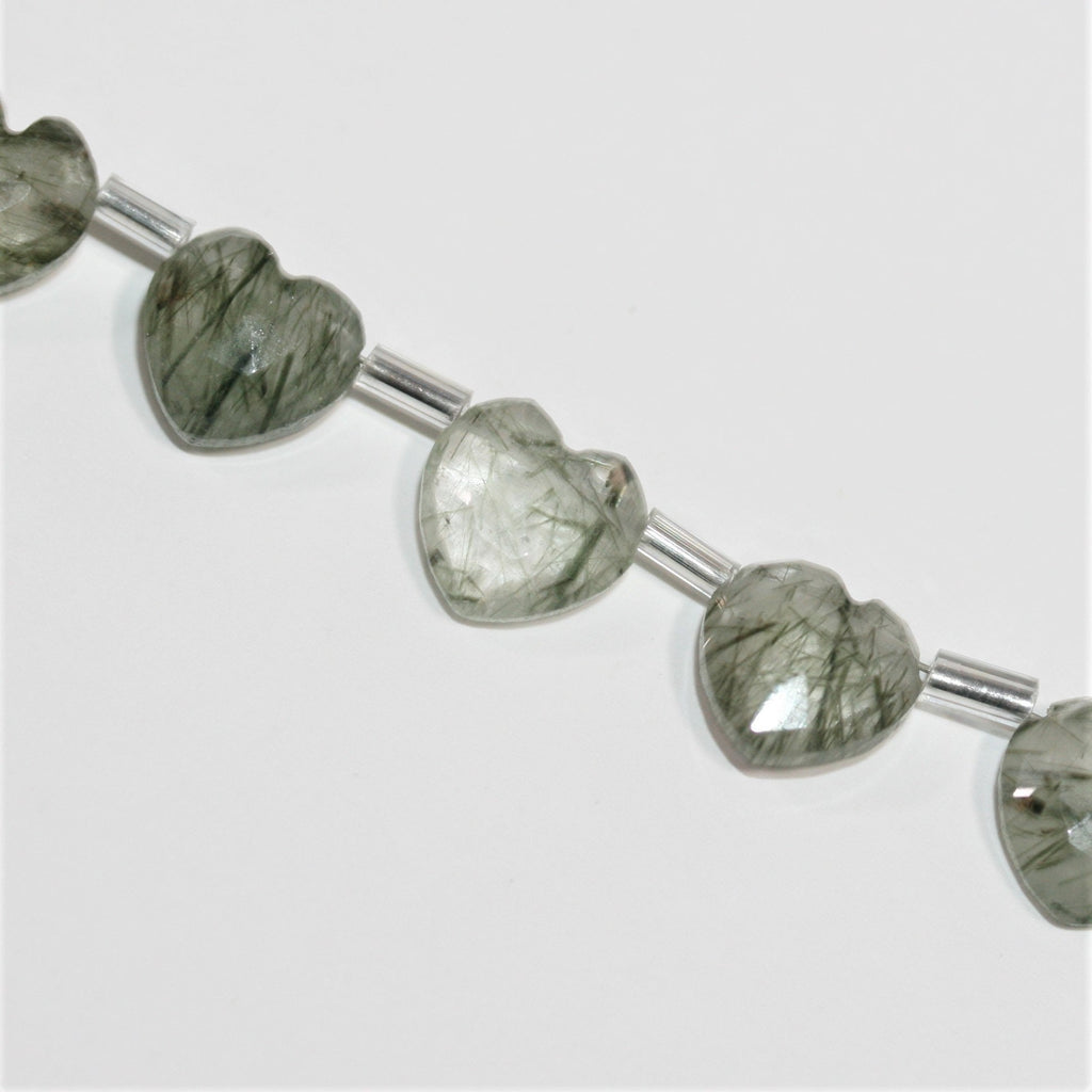 Cuentas de corazón facetadas de cuarzo turmalinado de 6" de 9 a 10 mm, hilo de 15 cm.