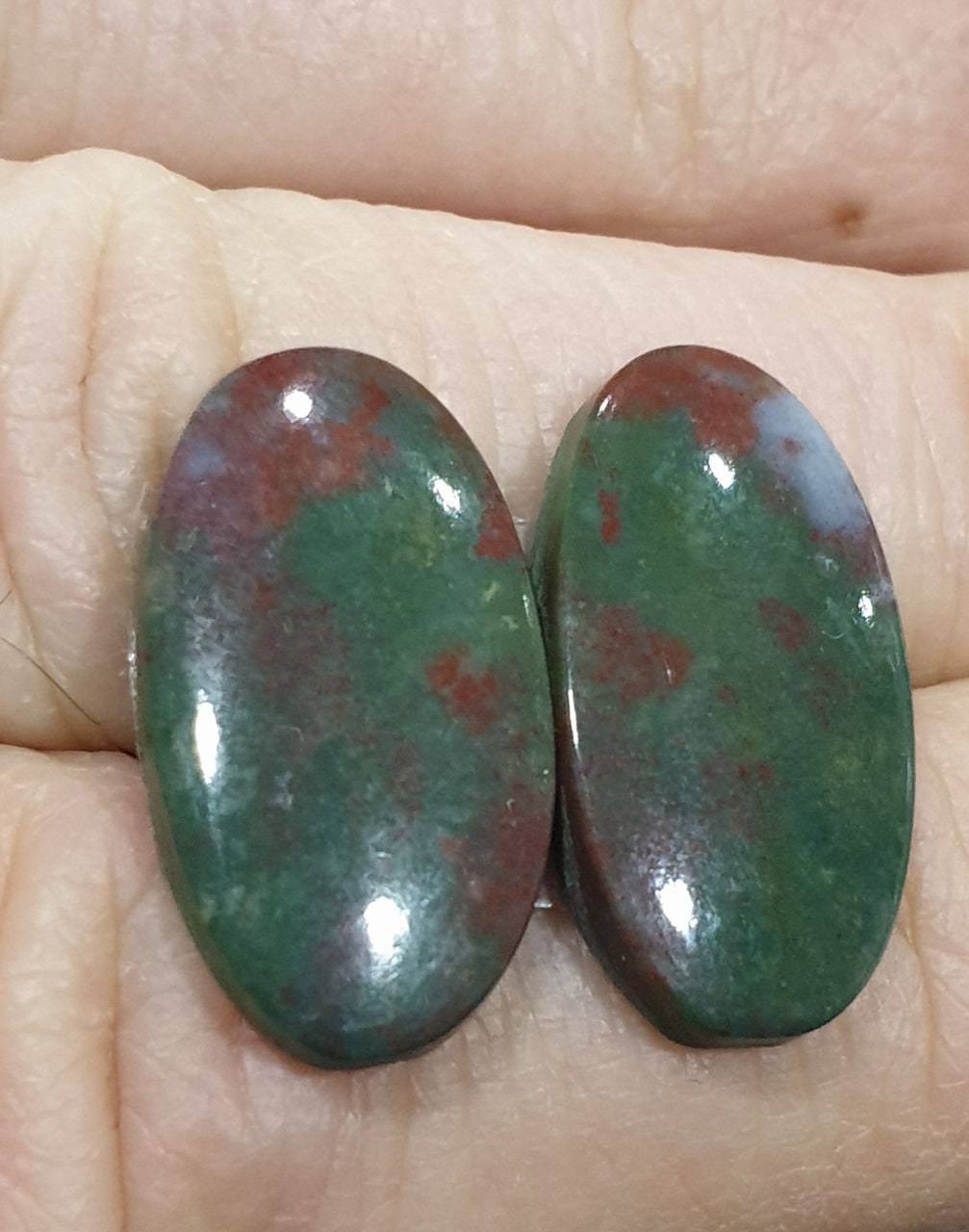 1 Pair Blood Stone 22x12mm Oval Cabochons. Natural Stone.