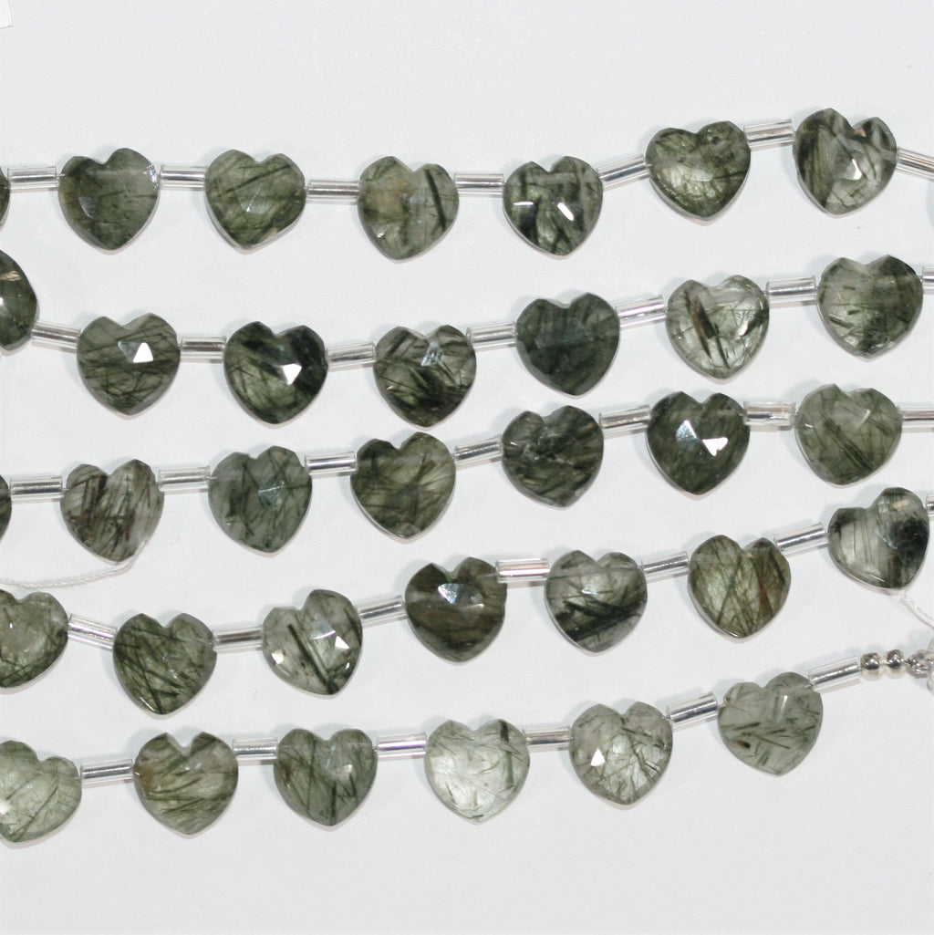 Cuentas de corazón facetadas de cuarzo turmalinado de 6" de 9 a 10 mm, hilo de 15 cm.