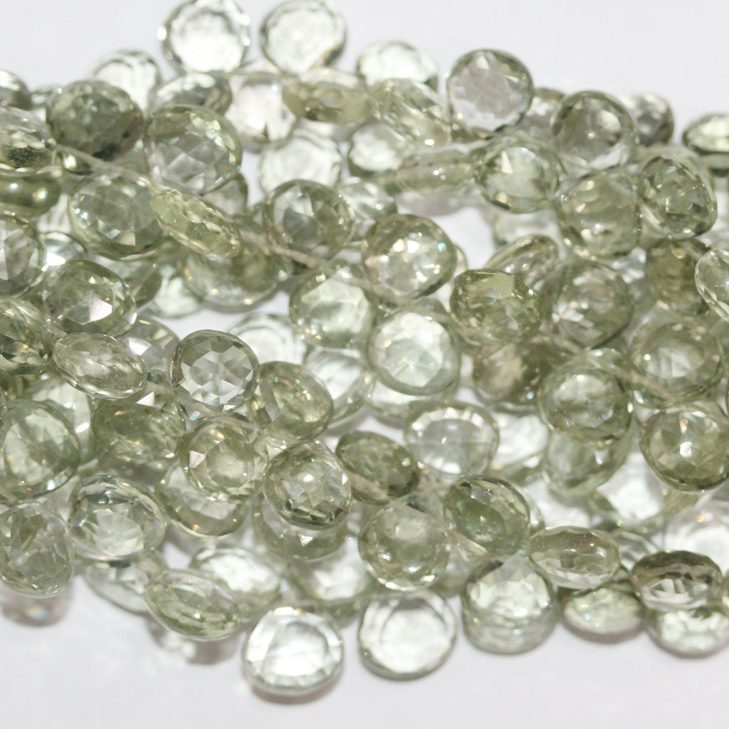 Perles en forme de goutte à facettes en prasiolite de 8 pouces (9-10 mm). Longueur approximative du fil : 20 cm.