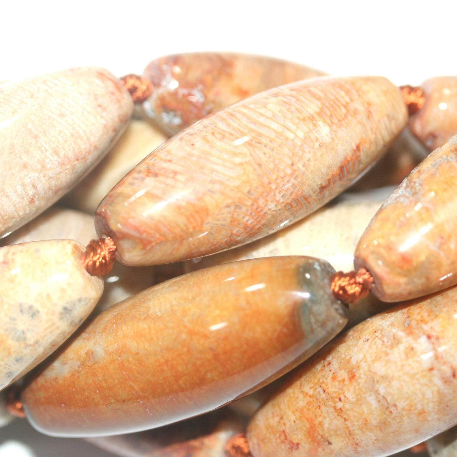 Cuentas de barril liso de ágata fosilizada marrón St. de 16", 41 x 16 mm aprox. - Hilo de 40 cm.