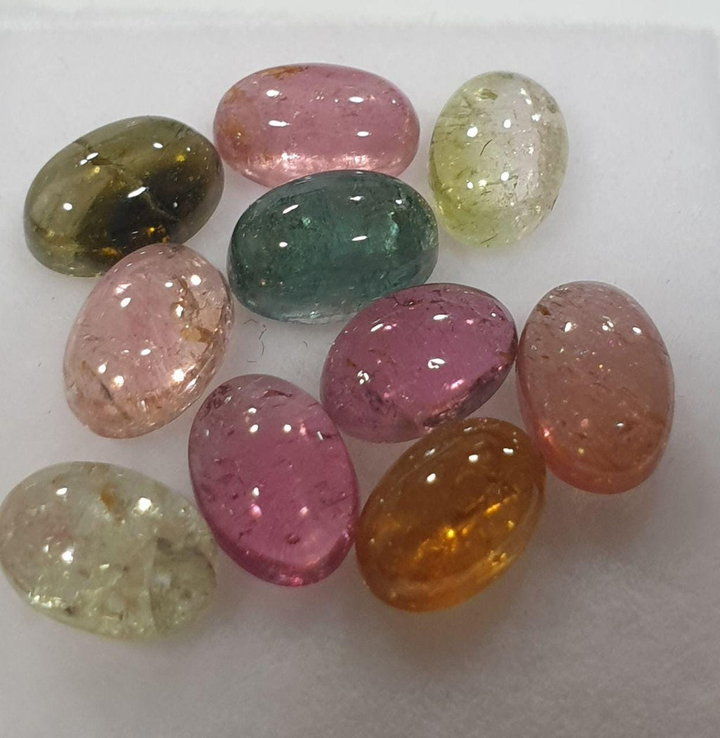 Lote de 10 gemas de turmalina multicristalina, 6 x 4 mm, color rosa, verde y azul, ovaladas, sin tratar. Gemas al por mayor, proveedor de bricolaje. Piedras auténticas.