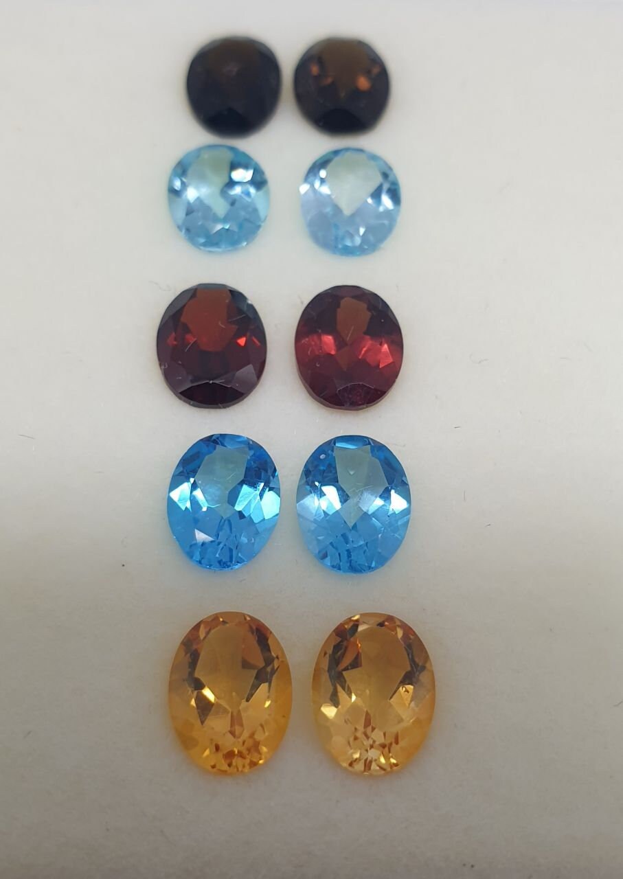 Lote de 5 pares de topacios azul cielo, citrinos, granates, cuarzo ahumado y topacios azules suizos de talla ovalada de 8 x 6 mm, de calidad AAA. Suministros de joyería.