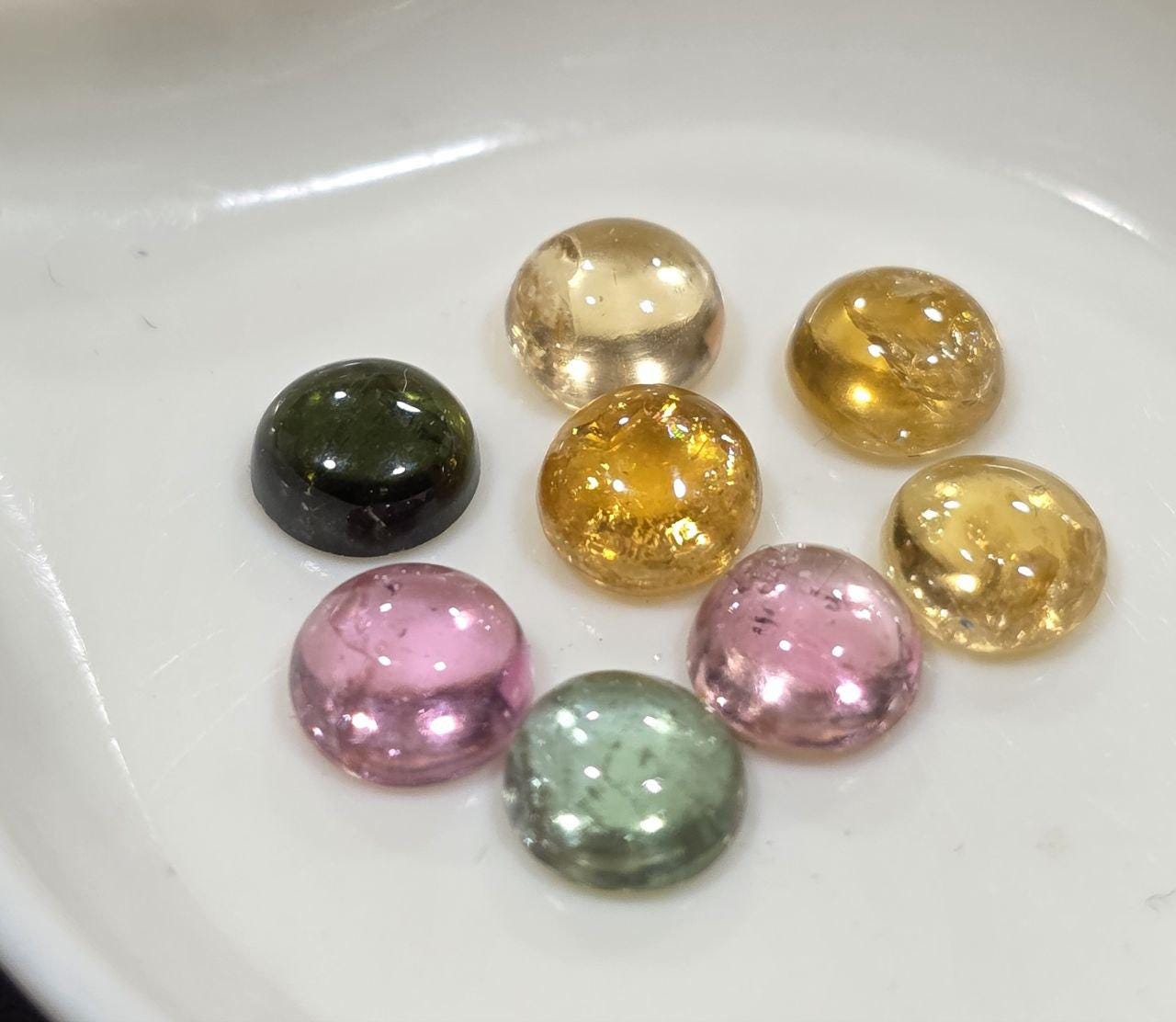 Yellow  Green Pink  Tourmaline Lot Round Cabochons 5mm.-(8pcs)  -Gemstone Parcels-Loose Stones Wholesale Price