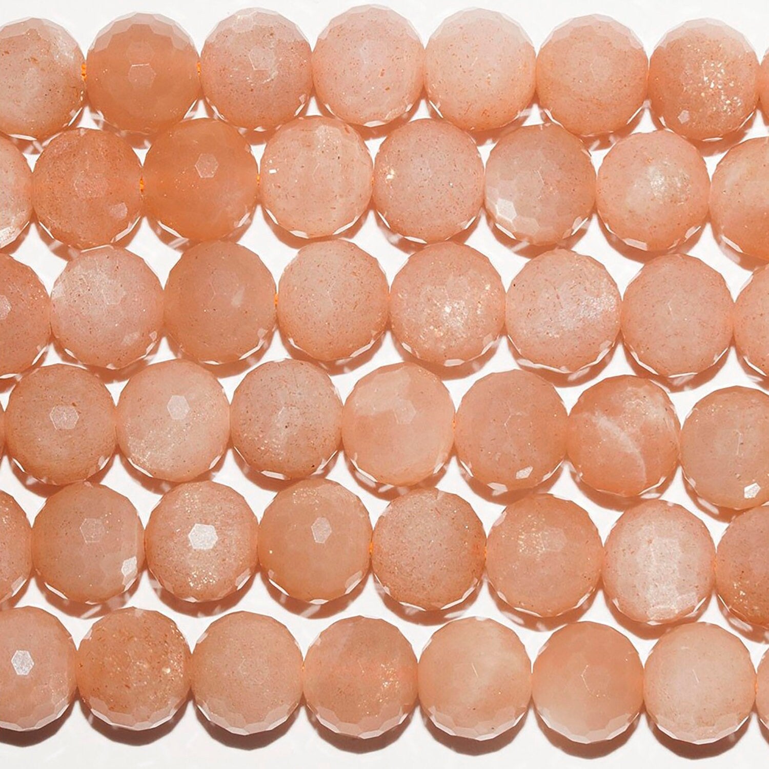 Perles rondes à facettes en pierre de lune pêche, 15 pouces (38 cm), 7 mm. Fil de 39 cm.