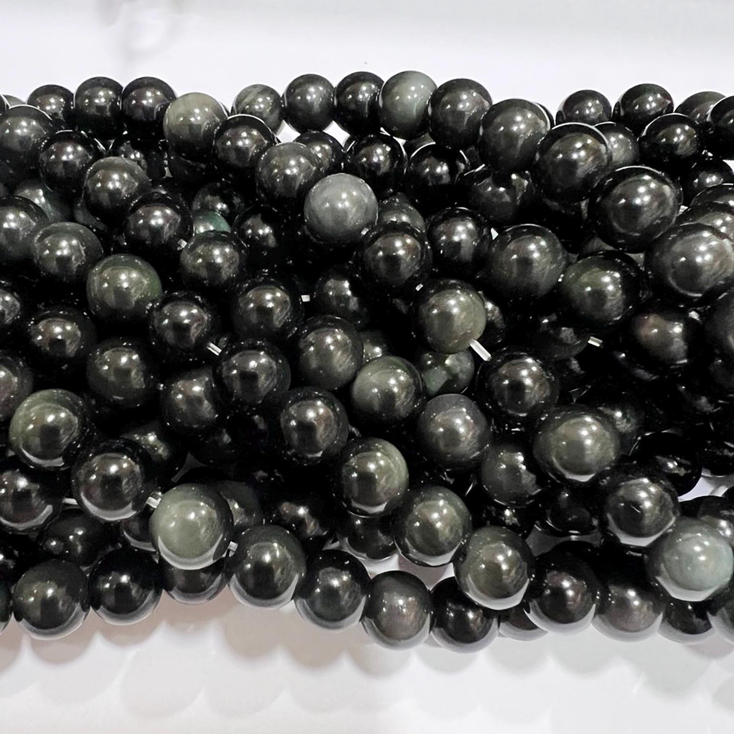 15" Perles rondes lisses en obsidienne St 8 mm.-Rig 39 cm.