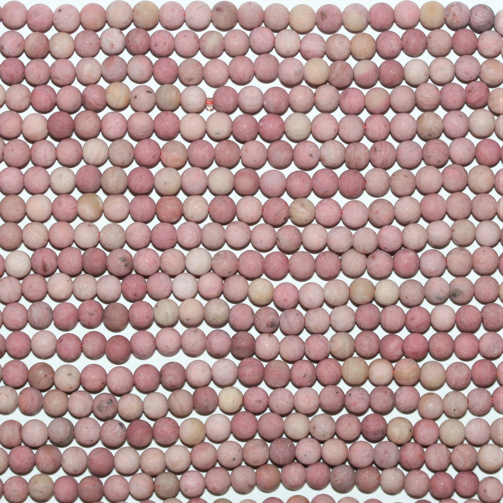 Perles rondes lisses en rhodonite, finition mate, 4 mm - Fil de 40 cm.