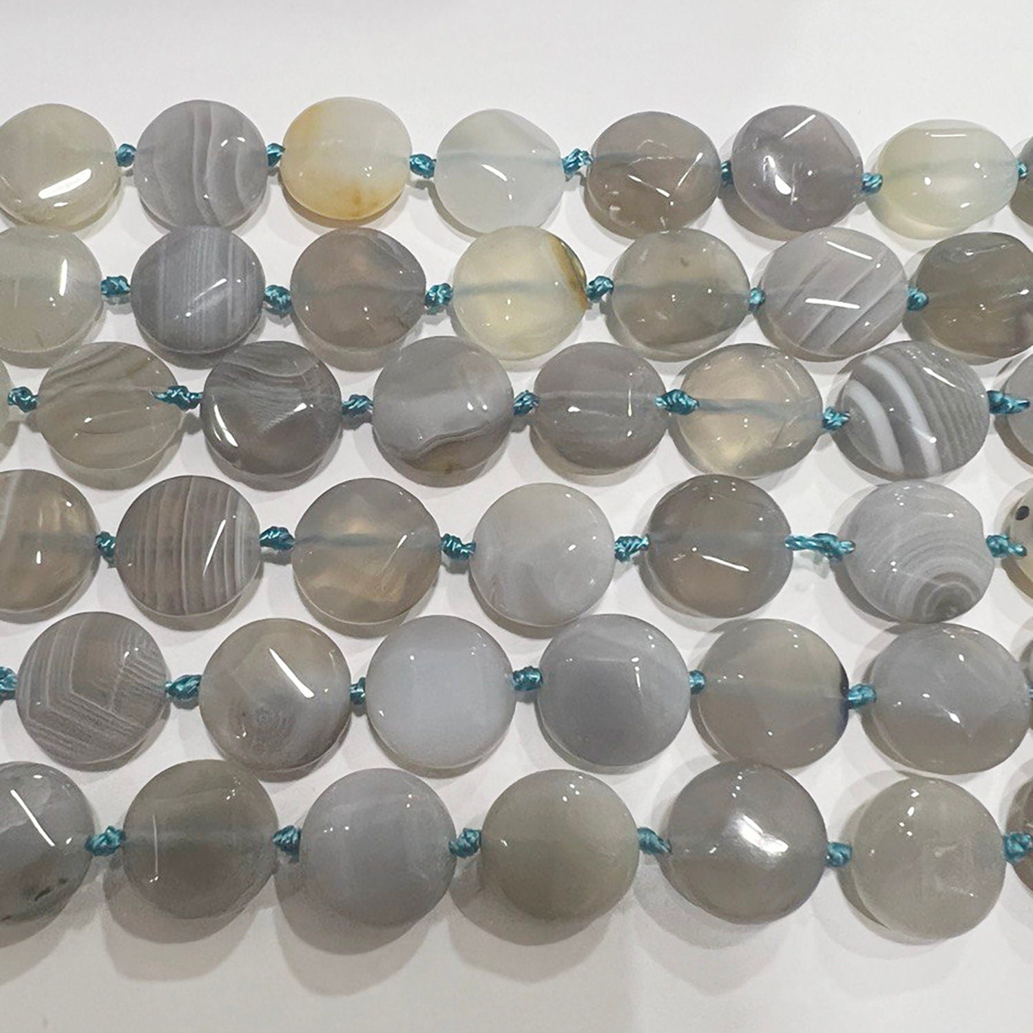16" St Multicolor Ágata Facetada Moneda Perlas 12mm.-Hilo 40cm.