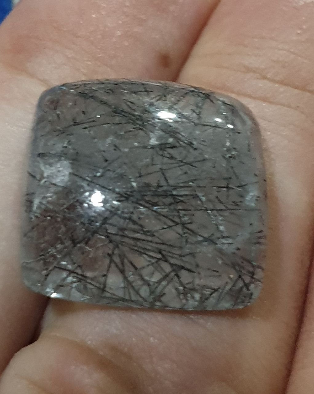 Tourmalinated Quartz Cushion  Cabochon Flat Back 17x17.5mm 21ct Tourmaline Needles Inclusions