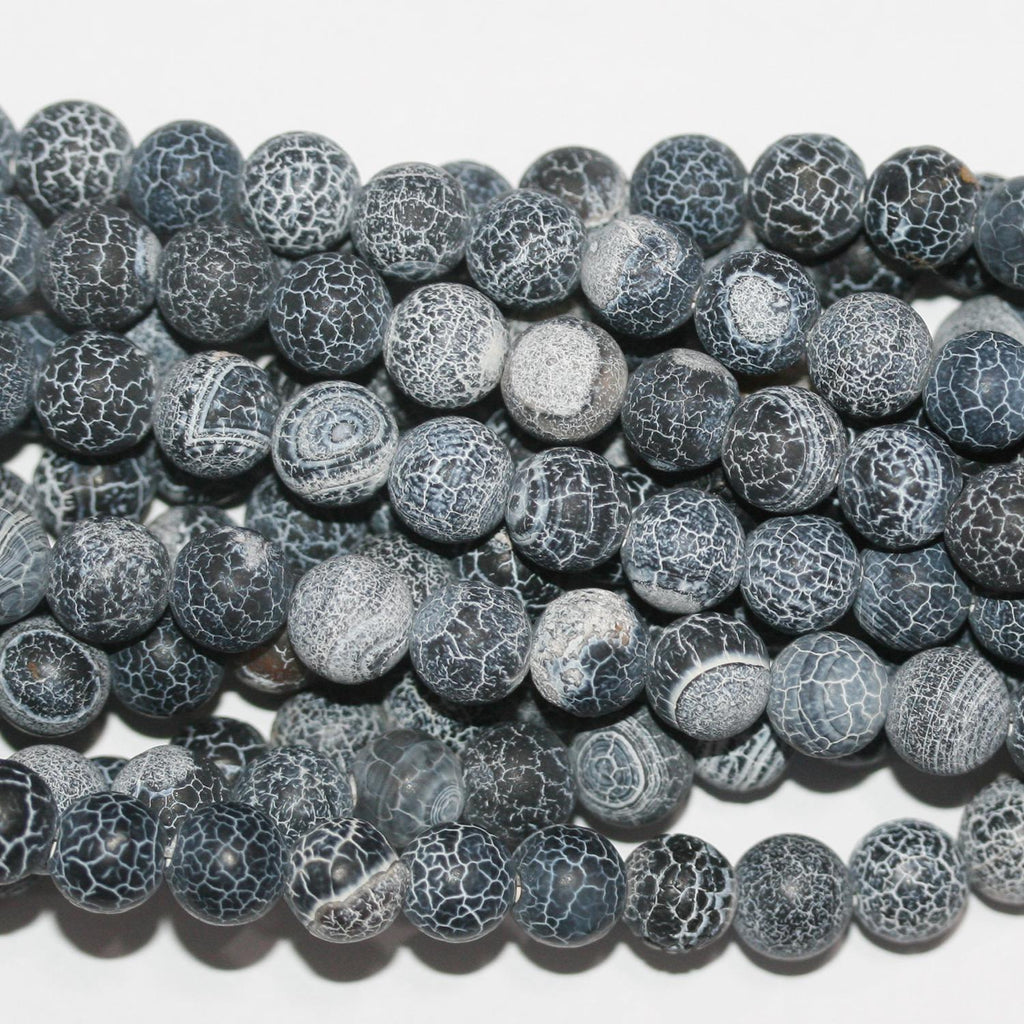 14" St Black Agate Smooth Matte Finish Cracked Round 8mm.-Strand 38cm.