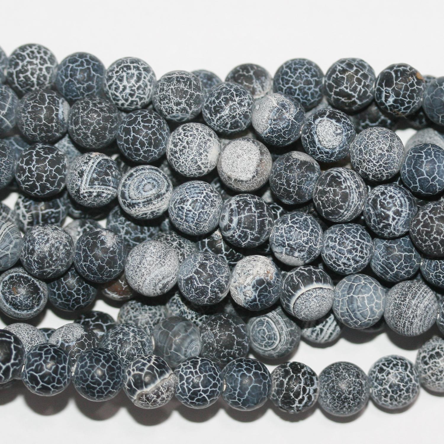 14" St Black Agate Smooth Matte Finish Cracked Round 8mm.-Strand 38cm.