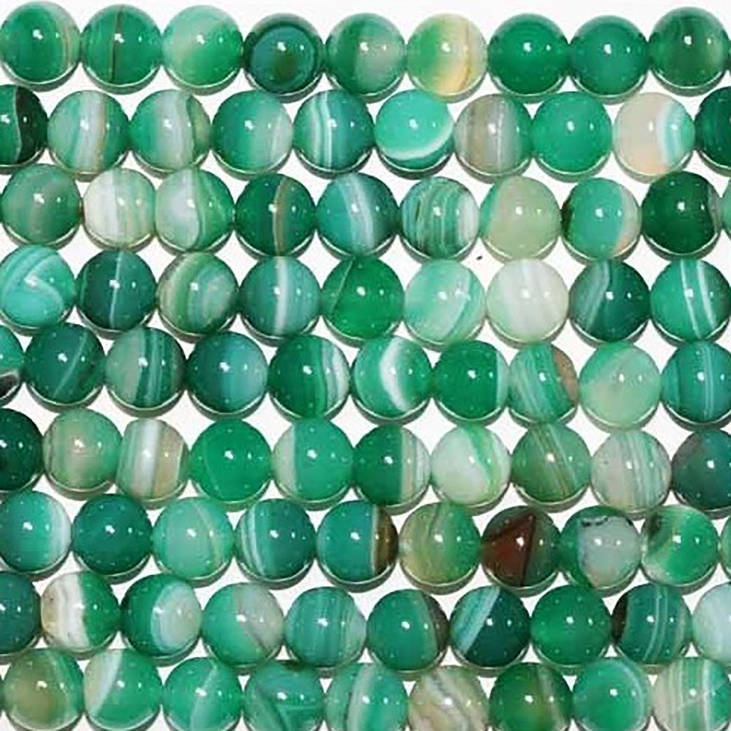 15" Perles rondes lisses en agate verte à rayures, 8 mm. Fil de 39 cm.