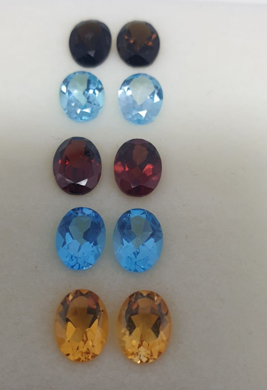 Lote de 5 pares de topacios azul cielo, citrinos, granates, cuarzo ahumado y topacios azules suizos de talla ovalada de 8 x 6 mm, de calidad AAA. Suministros de joyería.
