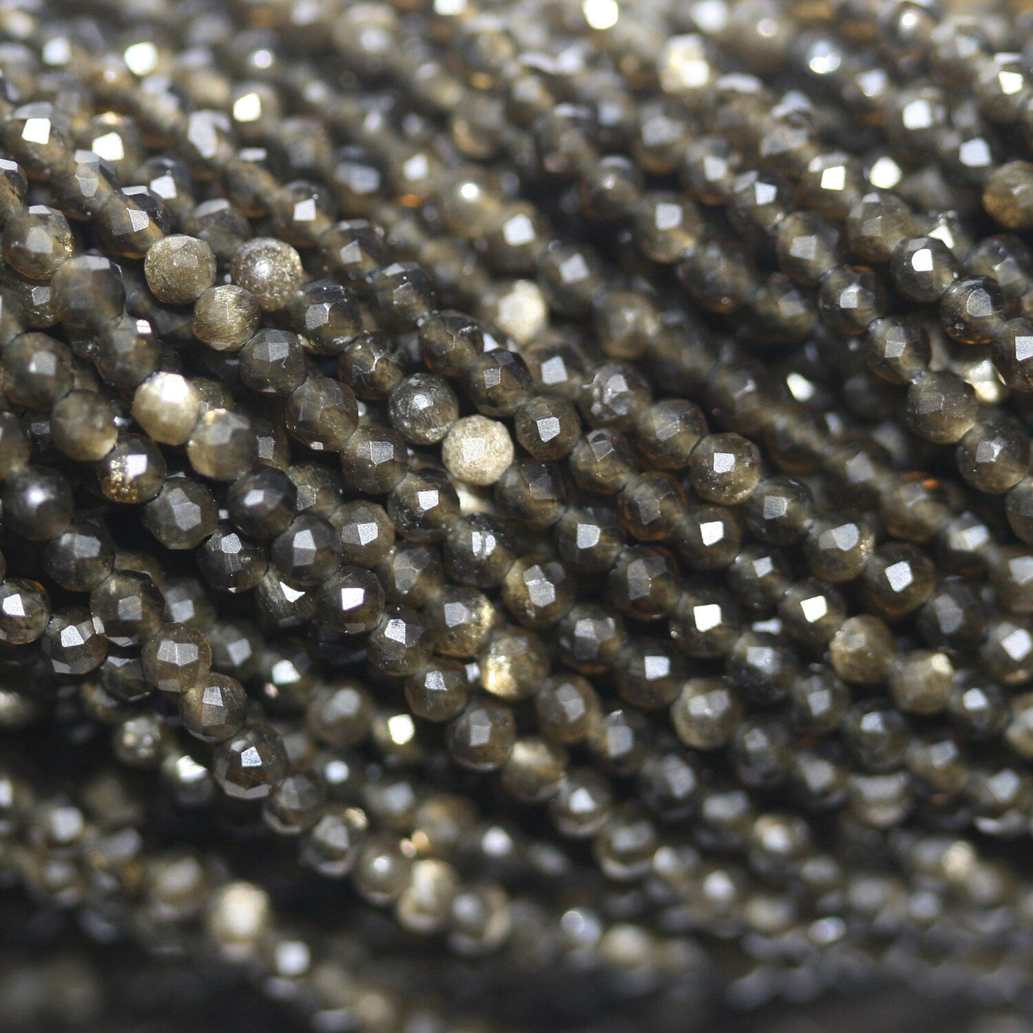 15" Perles rondes à facettes en obsidienne St 2-2,5 mm.-Rig 39 cm.