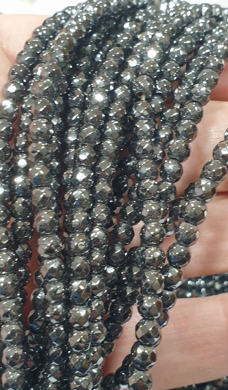 Cuentas redondas facetadas de hematita de 4 mm (16") - Hilo de 40 cm