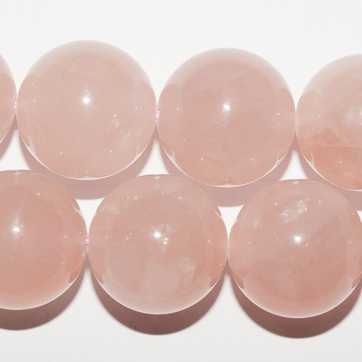 Cuentas redondas lisas de cuarzo rosa de 16" (14 mm). Tira de 40 cm.