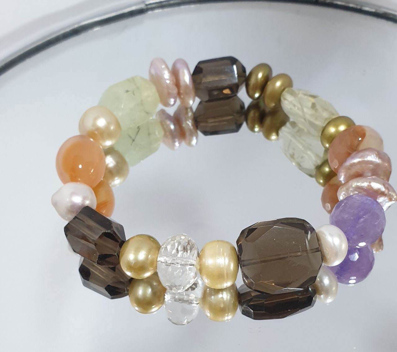 Pulsera elástica de piedras preciosas (16 x 12 mm) - Proveedor de joyas con piedras preciosas - Poder curativo - Amatista, prehnita, cuarzo ahumado y perlas de cristal