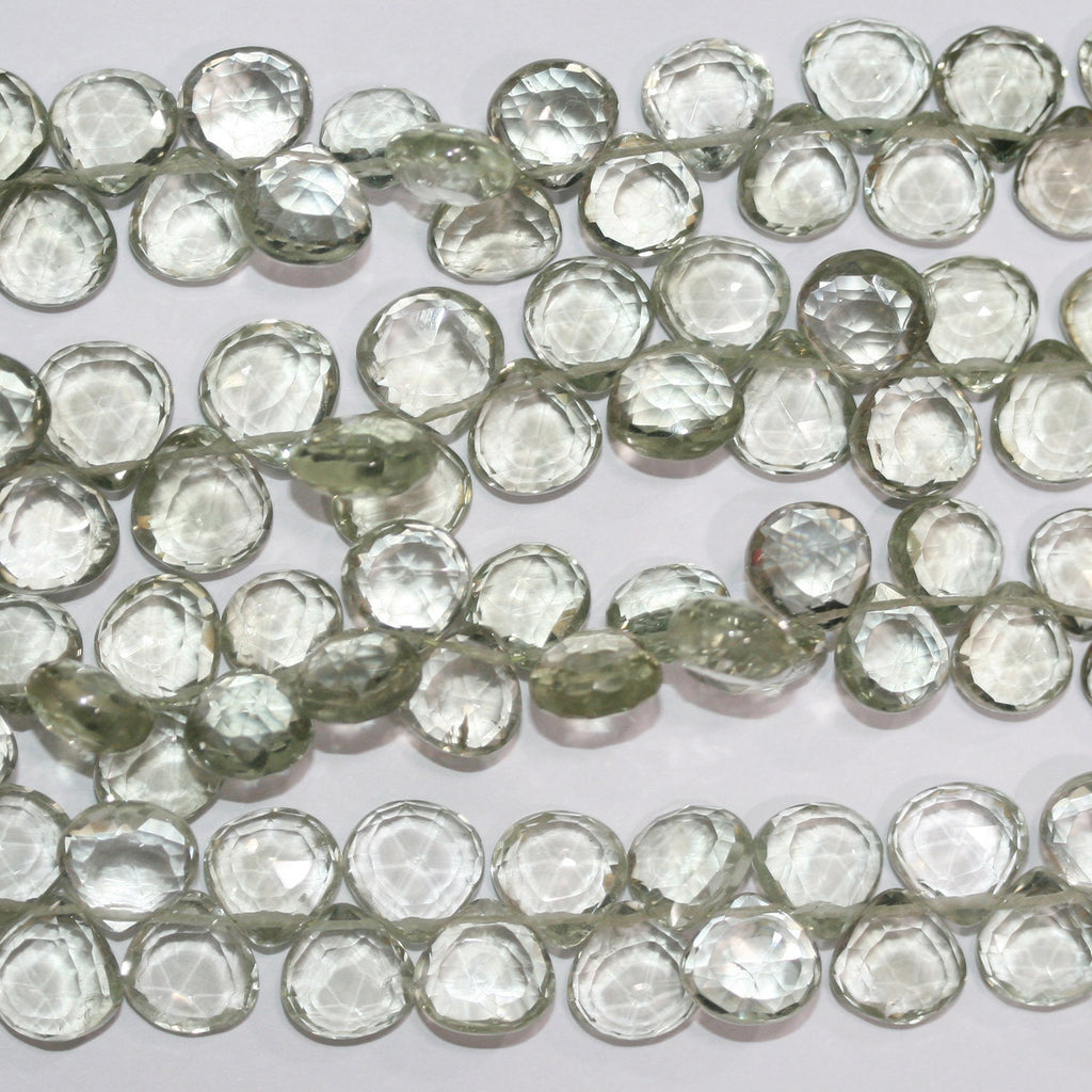 Perles en forme de goutte à facettes en prasiolite de 8 pouces (9-10 mm). Longueur approximative du fil : 20 cm.