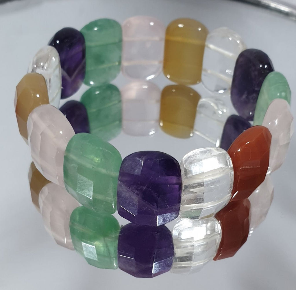 Bracelet extensible multi-chakras, perles à facettes 20 x 14 mm - Perles doublement percées - Fournisseur de bijoux - Pouvoir de guérison - Améthyste rose et cristal de quartz