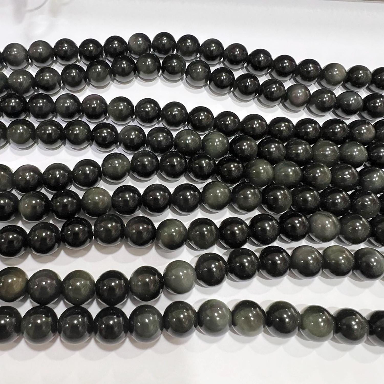 15" Perles rondes lisses en obsidienne St 8 mm.-Rig 39 cm.