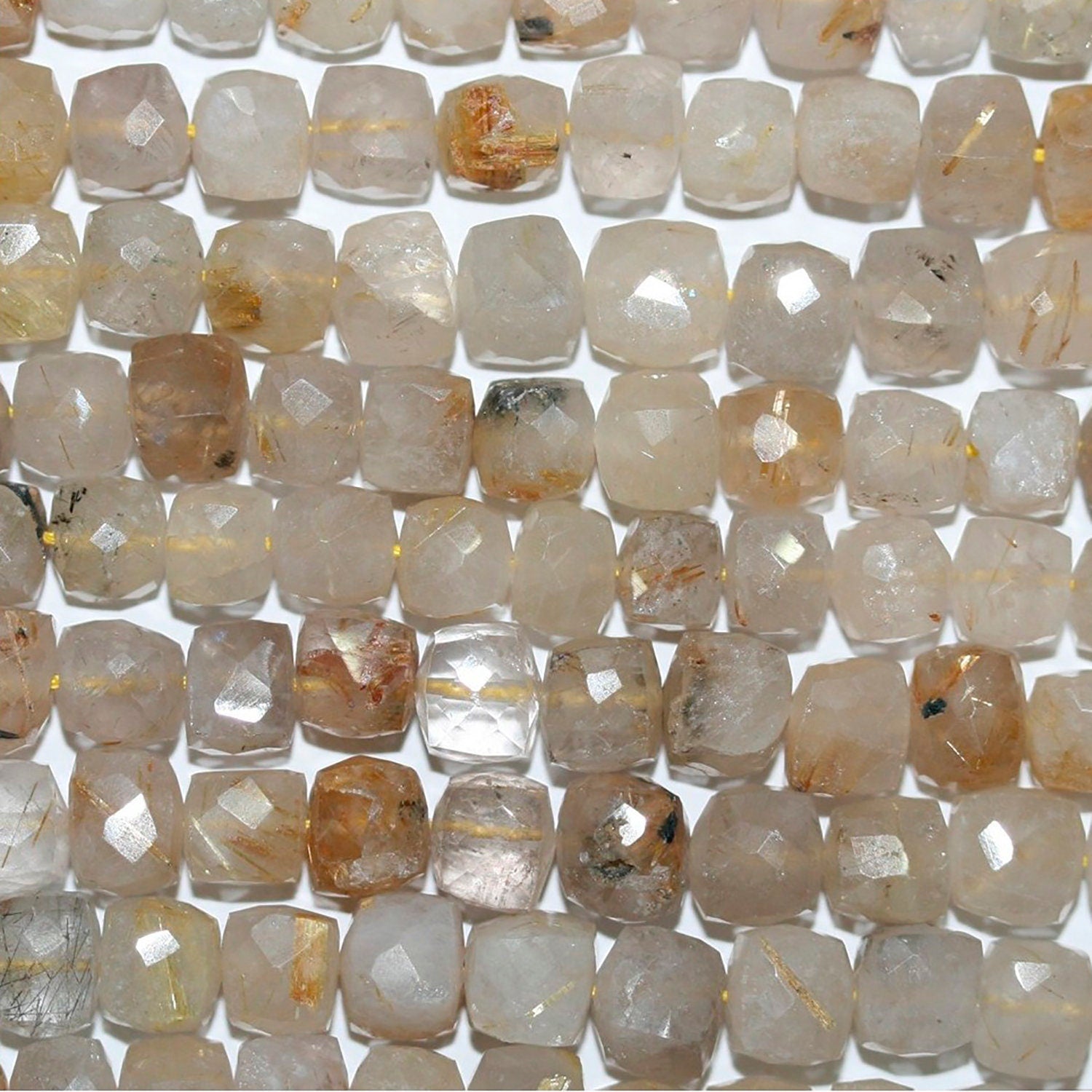 Perles cubiques à facettes en quartz rutile de 23 cm (9 pouces), 6-7 mm - Fil de 23 cm