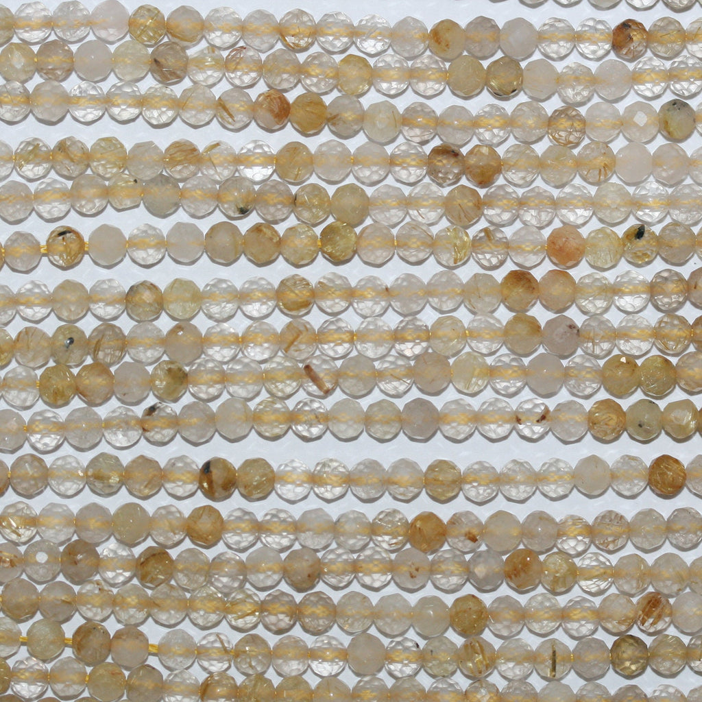 Perles rondes à facettes en quartz rutile St 15" 4 mm - Fil 39 cm.