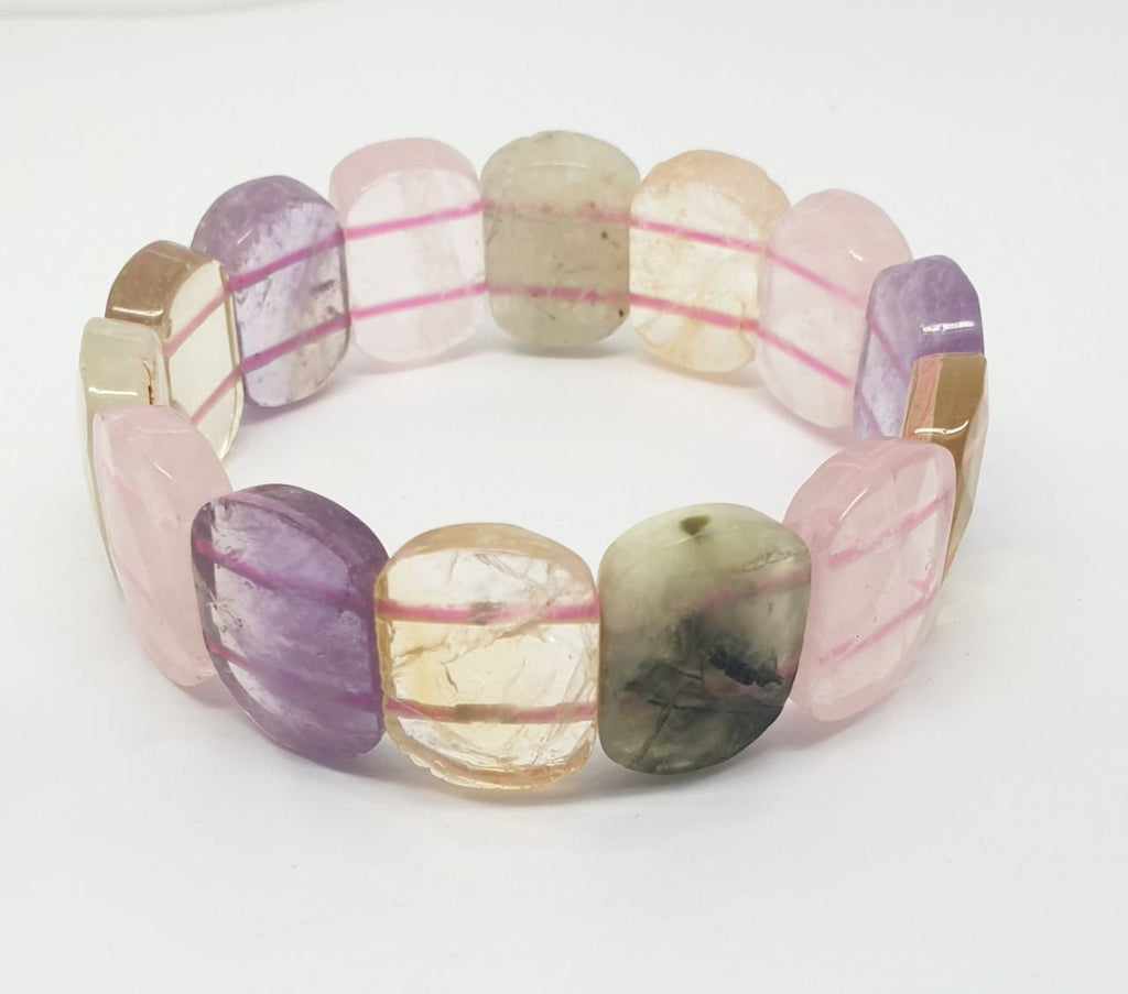 Bracelet extensible multi-chakras, perles à facettes 20 x 15 mm - Perles doublement percées - Fournisseur de bijoux - Pouvoir de guérison - Améthyste rose et cristal de quartz
