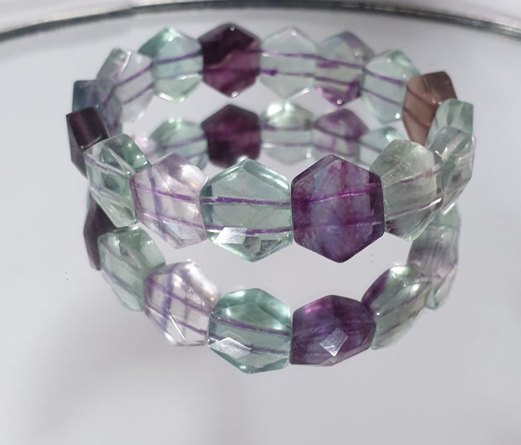 Pulsera elástica de fluorita hexagonal con cuentas de 14 mm - Proveedor de joyas con cuentas de doble perforación - Poder curativo - Gemas naturales