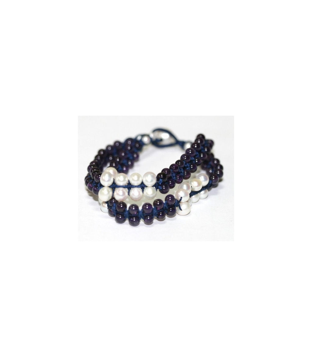 Bracelet en macramé avec améthyste AAA 4 mm et perle d'eau douce 6 mm - Fournisseur de bijoux en perles de pierres précieuses - Pouvoir de guérison - Améthyste - Perle - Lustre exceptionnel