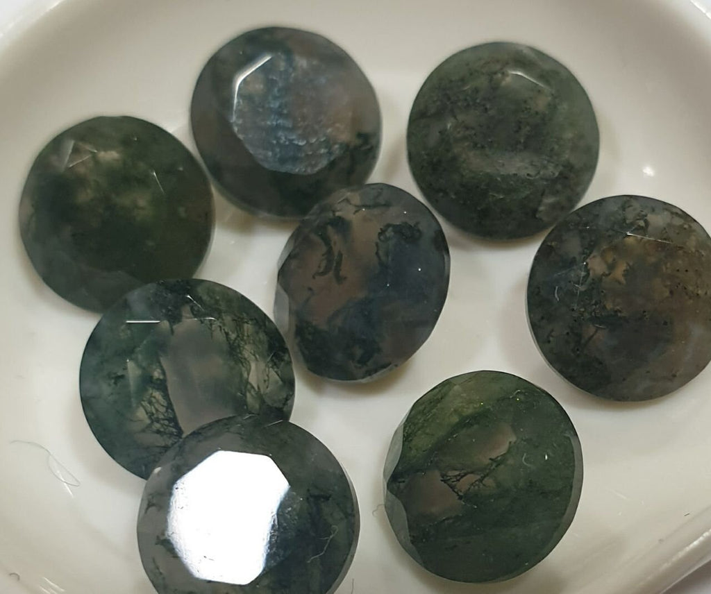 Lote de 8 piezas de ágata musgosa de 8 mm, facetada, redonda y puntiaguda. Piedra natural sin tratar.
