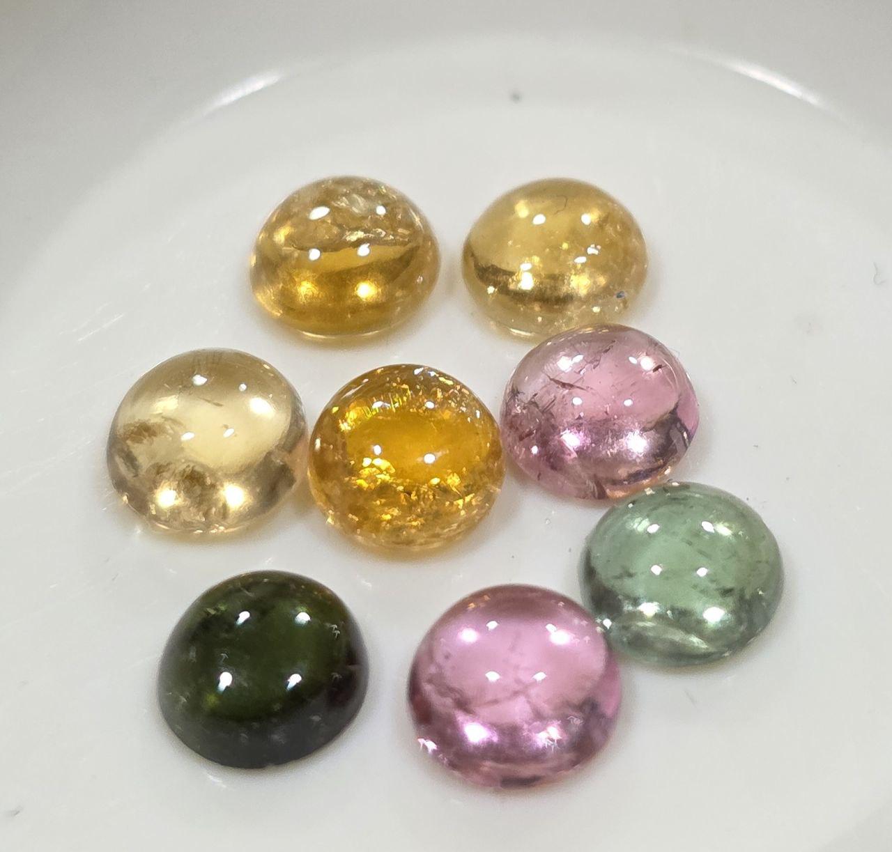 Yellow  Green Pink  Tourmaline Lot Round Cabochons 5mm.-(8pcs)  -Gemstone Parcels-Loose Stones Wholesale Price